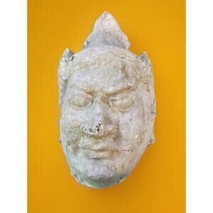 Antiqued Asian Deity Plaster Cast Mask Hanging Wall Art 13" x 8" x 5.5"
